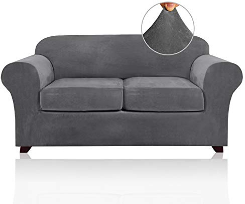 PrinceDeco Velvet Couch Cover Loveseat Covers for 2 Cushion Couch 3 Piece Sofa Covers for Dogs Washable Loveseat Covers Width Up to 72 Inch No Slip Stretch Sofa Slipcover(Medium, Grey)