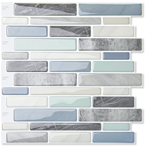 LONGKING Self-Adhesive Kitchen Backsplash, Marble Look Decorative Tiles (10 Tiles)