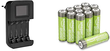 Amazon Basics Piles Rechargeables AA Haute capacité 2400 mAh (Lot de 12) - Pré-chargées & LCD Battery Charger