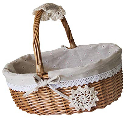 Yardwe Weidenkorb Picknickkorb Einkaufskorb Tragekorb Geflochten mit Griff Liner Brotkorb Landhausstil Picknickbedarf Aufbewahrungskrob Organizer Hochzeit Haushalt Große