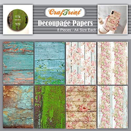 CrafTreat Holz-Decoupage-Papier für Möbel – Hölzer und floraler Holzhintergrund – Größe: A4 (8,3 x 11,7 Zoll), 8 Stück – Decoupage-Papier für Bastelarbeiten und Scrapbooking