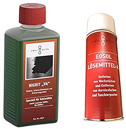 Brünier-Profi-Set II: 250 g Schwarzfärbe-Schnellbeize NIGRITVA, Kaltbrünieren - Schwarzfärben für Edelstähle + 400 ml Lösemittel A in Spraydose, zum Säubern u. Entfetten von Werkstücken