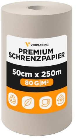 verpacking Schrenzpapier 50 cm x 250 m 80 g/m² [Ausführung und Stückzahl wählbar] Packpapier Füllmaterial Polstermaterial Knüllpapier für Versand Umzug Warensendung 100% Recyclingpapier 3 Rollen