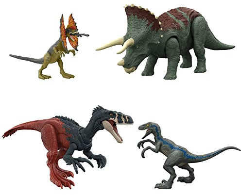 Mattel Jurassic World Pack dinosaurios iniciación 4 figuras de acción articuladas, juguete +4 años (HJJ85)