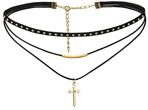 JewelryWe Smycken dam choker-halsband, svart gotiskt rep guldrör sammet spets choker tatuering punk gotisk längd justerbar båge knut halsband .., Sammetsläder rep