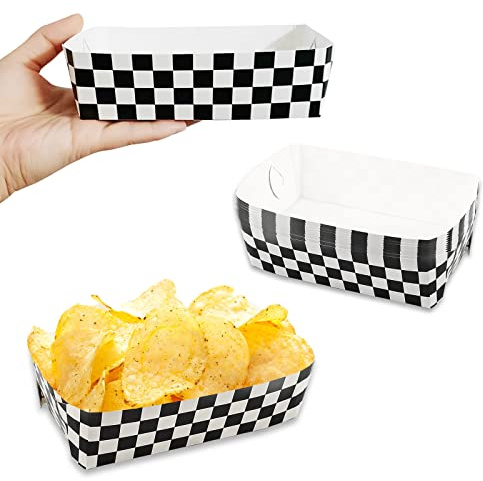 Bacsboo 50 Packs Black and White Checkered Paper Food Trays - Rectangular, Grease Resistant, Disposable - Perfect for Race Car, Birthday Parties - 2lb Capacity Each