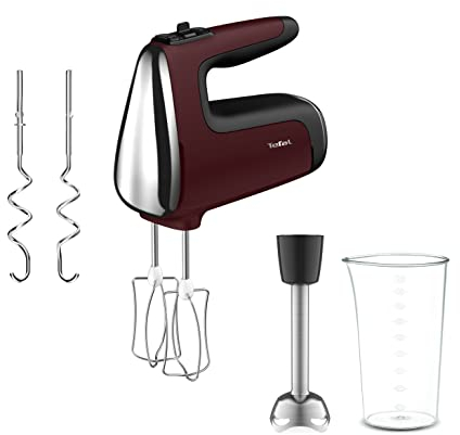 Tefal HT6525 Powermix Silence Handmixer | 600 W Leistung | offener Griff | Geschwindigkeitsstufen + Turbo-Funktion | 2 Schneebesen + 2 Knethaken aus Edelstahl | Stabmixer-Aufsatz aus Edelstahl | Rot