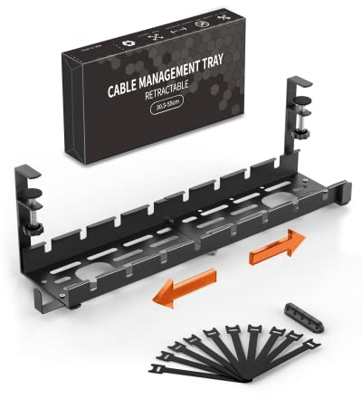TONGKTAI Under Desk Cable Management Tray, Retractable Adjustable 12 into 21.6 No Drill Wire Organizer, Metal Cord Tray Basket with Cable Holder Ties for Office Home Desk Cable Hider