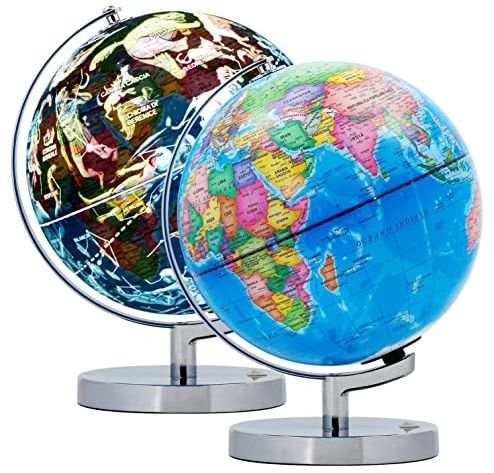Exerz Mappamondo Illuminato 23cm, Mappa in Italiano, con Supporto in Metallo – Mappa Politica (Giorno) e Costellazioni Stellari (Notte) – Lampada LED 2 Senza Fili
