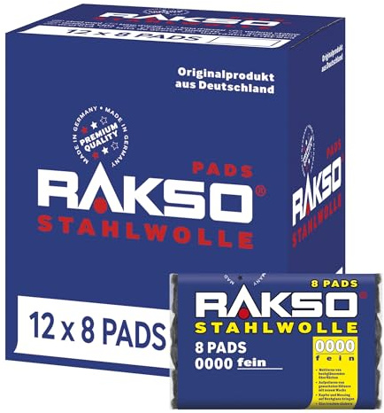 RAKSO Stahlwolle extrafein 0000-96 Pads - 12x8 Stk. - poliert gewachstes Holz, Kupfer, Messing, mattiert Oberflächen, säubert Glas