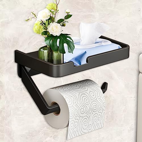 Phantasy® Portarotolo Carta Igienica Senza Foratura con Ripiano, Nero Porta Rotolo Carta Igienica Adesivo con Angolo Obliquo per Cucina e Bagno