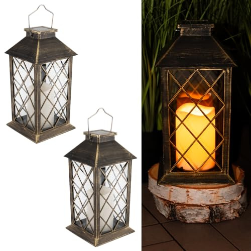 LUMILED 2x Set Solarlaterne Außen Solar Laternen Draußen LED Glas Laterne Solarleuchte Kerze Flammeneffekte Kerzenlaterne IP44 Vintage Patina Hängend Dekorative Außenleuchte Gartenlampe
