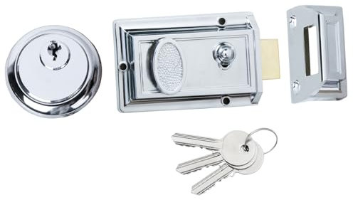 DIDA® Traditional Nightlatch with 3 Copper Keys, Premium Solid Brass Rim Cylinder, 60mm Backset, Suitable for Doors 38 to 57 mm Thick, Polished Chrome Finish, High Security Front Door Lock