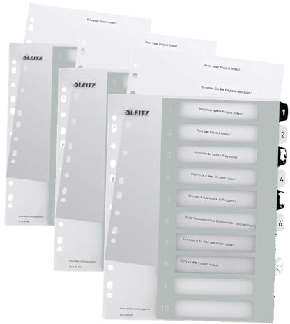 Leitz Register für A4, PC-beschriftbares Deckblatt und 10 Trennblätter, Taben mit Zahlenaufdruck 1-10, Überbreite, Weiß/Schwarz, Polypropylen, WOW, 12150000 (Packung mit 3)