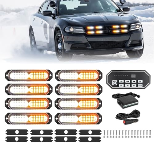 JMEST LEAD LED Stroboscopique Ambre et Blanc, 8PCS Lampe Stroboscopique à LED avec Contrôleur à 9 touches, 20 modèles, 12V 24V Feux Stroboscopique à LED de Sécurité Pour Véhicules Camions