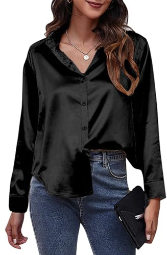 Maeau - Chemises Femmes Chemise à Manches Longues Satin Soie Simulée Top Décontracté Revers à Boutons Solide Chemisiers d'affaires - Noir - XL