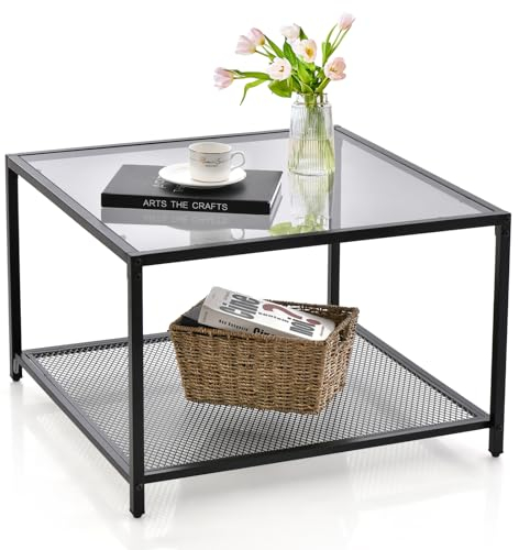 LIFEZEAL Couchtisch aus gehärtetem Glas, Quadratischer Wohnzimmertisch mit Metallrahmen, Glastisch Beistelltisch für Wohnzimmer, Büro, 70x 70 x 45cm (Grau, mit Regal)