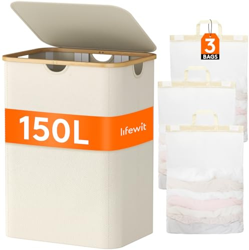 Lifewit Panier a Linge 3 Compartiment 150L, Corbeille a Linge avec Couvercle, Bac a Linge avec 3 Sacs à Linge Amovibles, Paniere Linge Sale avec Bambou Poignées, Grand Laundry Basket, Beige