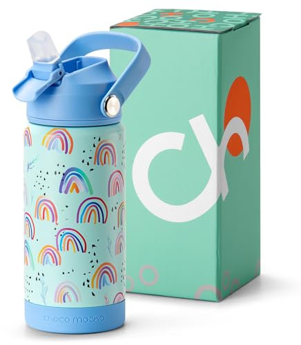 Choco Mocha Girls Water Bottle Stainless Steel Kids Metal Insulated Bottle with Straw 450ml/14Oz, Blue Rainbow