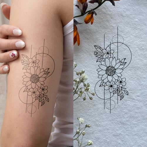 Sonnenblume mit geometrischen Formen - Inkster Tattoo | vegane & wasserfeste Temporäre Tattoos für Erwachsene - EU-Kosmetikzertifizierte Farbe - revolutionäres 2 Wochen Tattoo | Premium Klebetattoos
