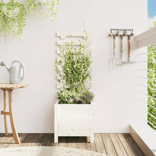 Homgoday Pflanzkübel mit Rankhilfe Pflanzkübel mit Spalier Blumenkübel mit Rankgitter Pflanzkasten mit Spalier Blumenkasten Gartenspalier für Kletterpflanzen Weiß 39x39,5x114 cm Massivholz Kiefer