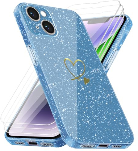 Cover Compatibile con iPhone 14, con 3 Pezzi Vetro Temperato Pellicola Protettiva, Glitter e Antimpronta Custodia, Antigraffio e Morbido Caso - Blu