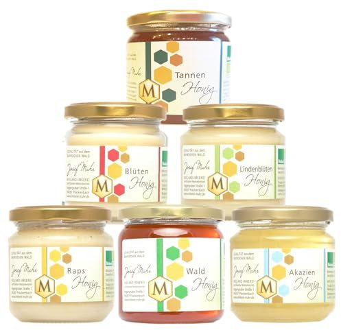 Bio Honig Unsere Beliebtesten Geschenkset, Probierset, 6 x 250 g direkt vom Imker Waldhonig, Blütenhonig, Rapshonig, Lindenblütenhonig, Akazienhonig und Tannenhonig