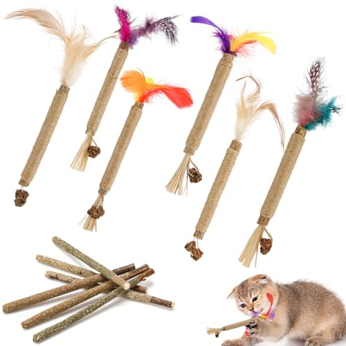GSrenyu Silvervine Chew Sticks for Cats,Natural Cat Chew Sticks Cat Feather Kitten Teething Toys Catnip Toy for Indoor Cat Teeth Cleaning Stress Release(Standard 12Pcs,Feather&Catnip)