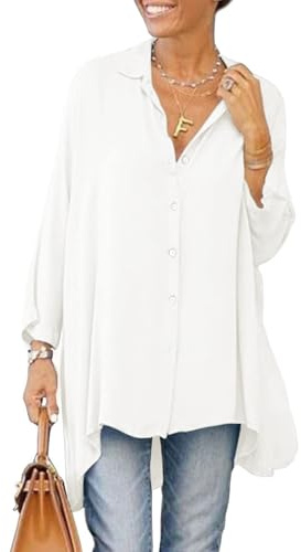 Cicy Bell Camicetta da Donna con Scollo a V T-Shirt a Maniche Lunghe in Raso con Bottoni Top a Tunica Casual, Bianco, XL