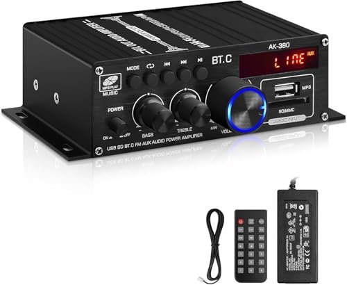Romicta HiFi-Verstärker AK380, Mini Bluetooth Stereo-Audioverstärker Receiver 12V/ 220V 800W 2 Kanäle Endverstärker Soundverstärker w/UKW-Radio, SD/USB-Karteneingang, für Zuhause oder Auto