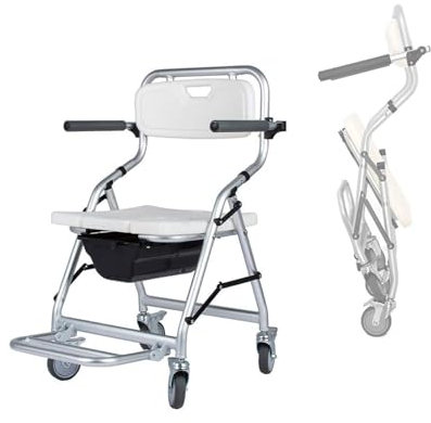 GNbow Duschstuhl für ältere Menschen, Aluminium-Duschhockersitz für Erwachsene, Rollender Duschstuhl mit Rolle und Armlehne, Duschstuhl für ältere und Behinderte Menschen, Klappbares Pedal