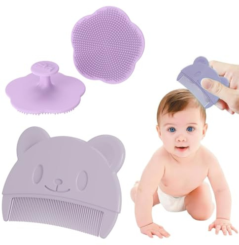 Brosse et peigne pour croûtes de lait (2PCS) - Brosse en silicone pour le bain de bébé, Peigne à Cheveux pour Bébé, Peigne à cheveux sensoriel doux avec poils doux en silicone Outil de bain (Violet)