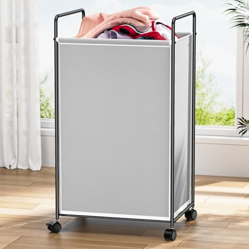90L Laundry Basket Hamper with Wheels, Large Grey Square Tall Rolling Dirty Clothes Hamper for Bathroom, Dorm Room Metal Sturdy Wheeled Narrow Laundry Baskets Cart Organization Organizer