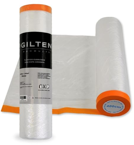 GILTEN products® Plástico Cubretodo de 4x25m (100 m²) con Cinta Adhesiva reforzada | Rollo Plástico Protector Muebles de 7 Micras, Para Cualquier Superficie, y Reciclable.