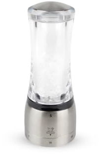 PEUGEOT - Salzmühle Daman u‘Select 16 cm - 6 voreingestellte Mahlgrade - Innovatives Zirlion-Mahlwerk für pulverfeines Salz - Aus Edelstahl und Acryl - Französisches Know-how