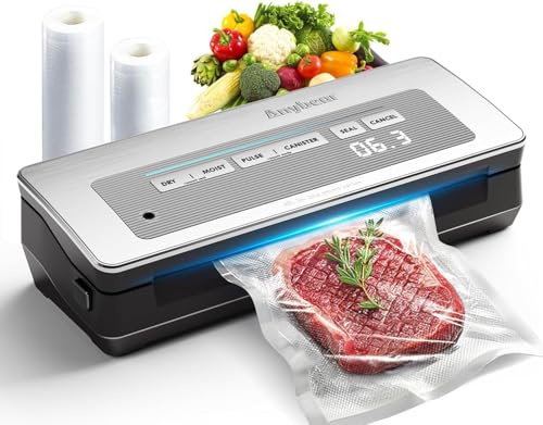 Anybear Vacuum Sealer Machine, 90kPa 120W, Powerful Food Sealer, Built-in Cutter and Bag Storage, Digital Countdown Display, Dry and Wet Modes, Wide