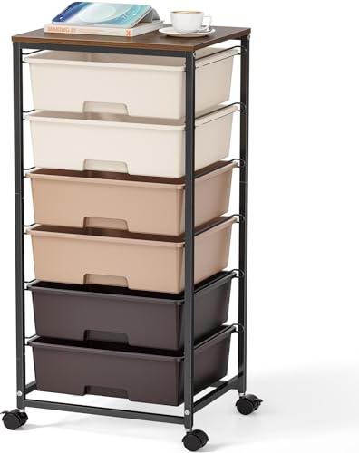 6-Drawer-Plastic-Rollong-Storage-Craft-Organizer-Trolley-Cart on Wheels with Wooden Tabletop for Home, Office, Classroom, Makeup, Art Supply Utility Storage Trolley Drawer Cart, Brown