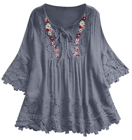 Women's Lace Boho Peasant Linen Tunic Tops Bohemian Loose Floral Embroidered Blouses Summer Indian Ruffle Shirt for Seniors 2025 3/4 Sleeve Lace Up Gauze Bohemian Style Ladies Womens Grey