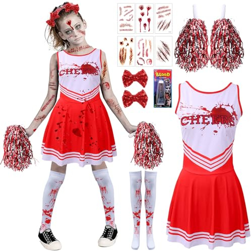 Deguisement Pompom Girl, Sanglante Pompom Girl Halloween, Fantastique Deguisement Halloween Pom-Pom G-irl avec Pom-Poms Bande de Cheveux Chaussettes Cicatrices Tatouage Faux Sang Pour la FêTe