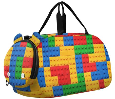 Byggklossar färgglada barn söt gymväska med skofack lätt övernattning weekender handbagage för resor, simning, dans, balett