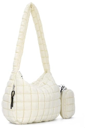 Jywmsc Stor Puffer Tote för Kvinnor Carryall Quiltad Väska Puffy Axelväska med Liten Blixtlåsficka, Vit