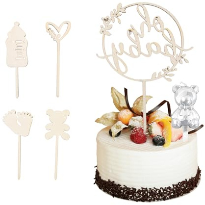 5 Stück Oh Baby Cake Topper Holz mit Silberner Bär Geburtstagskerzen, Kuchen Topper Babyparty Deko Kreative Baby Shower Deko Eine Windeltorte für Mädchen Junge Gender Reveal Partydeko