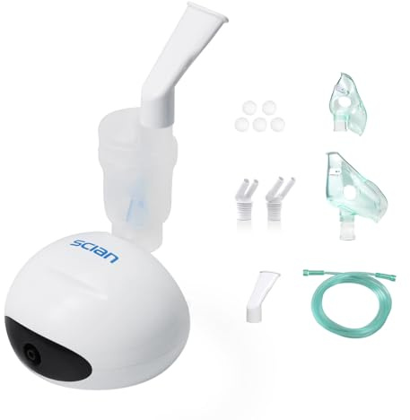 SCIAN aerosol, nebulizzatore aerosol Portatile Silenzioso per Adulti e Bambini, con Bocchino, Maschera, Tubo Lungo e Accessori Extra（Bianco）