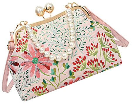 Vintage inspirerad broderad blomma handväska traditionella stilar crossbody axelväska för kvinnor med pärlor kedja snygga resväskor, a