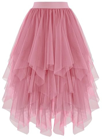 Dressever Damen Unregelmäßiger Tüllrock Mehrschichtiger Mesh Faltenrock A-Linie Hoher Taillierter Rock Ballett Tutu Abschlussball Party Karneval Party Rock Rosa XX-Large
