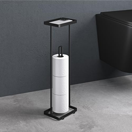 doporro Toilettenpapierhalter Stehend mit Ablage, 16x12x52cm Matt Schwarz | Klopapierhalter ohne Bohren, Klopapier Aufbewahrung für 3-5 Papierrollen, Klorollenhalter freistehend aus Metall, Reglo-04