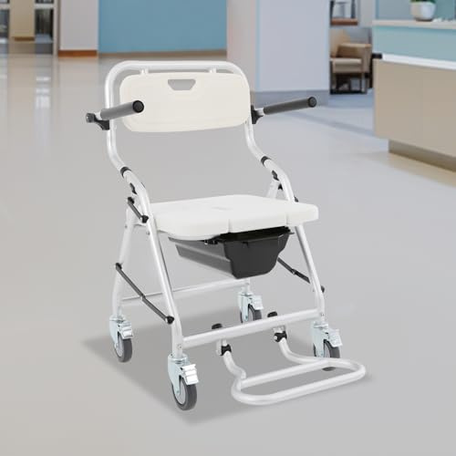 Toilettenstuhl für Senioren, 3-in-1 klappbar Duschstuhl mit Rollen, Armlehnen, Fußstütze & abnehmbarem Toiletteneimer für Patienten und Behinderte, Tragfähigkeit bis 150kg