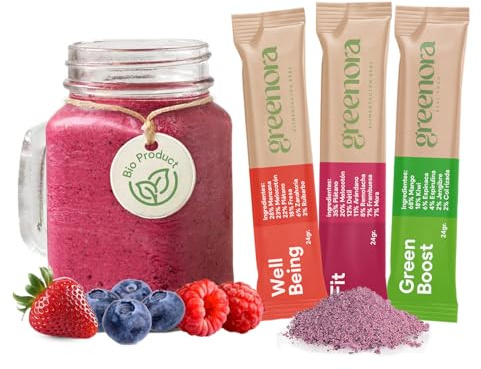 GREENORA Smoothie Vegano de Fruta Liofilizada BIO, Mix de Sabores, Fresa, Manzana, Espirulina, Kiwi, Mango y Plátano en Polvo, Ideal para Recetas, Sin Azúcar, 9 Unidades (Sticks).