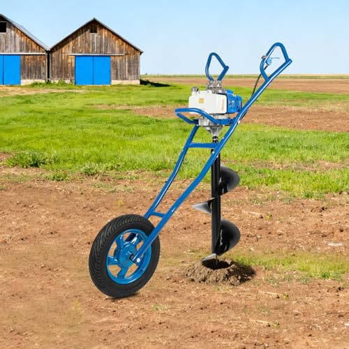 ARBGO 63CC Erdlochbohrer mit Rädern, Garden Benzin Erdlochbohrer, 2-Takt Pfahlbohrer Erdbohrgerät mit Schubkarre, 1.3L Kraftstofftank Kapazität, mit 300mm Bohrer, für Landwirtschaft Forstwirtschaft