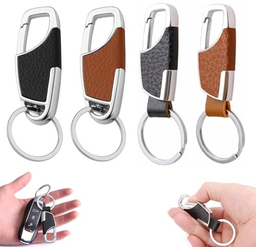 AUGTYRLV 4 Unidades Llaveros de Acero Inoxidable y Piel sintética Resistentes para Hombres y Mujeres, Negro y marrón, Organizador de Llaves práctico y Elegante para Uso Diario